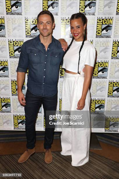 Dylan Bruce and Parisa Fitz-Henley attend the 'Midnight Texas' Press Line during 'Midnight Texas' press line at Comic-Con International 2018 on July...