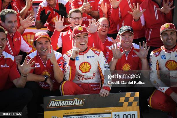 Scott McLaughlin driver of the Shell V-Power Racing Team Ford Falcon FGX celebrates after taking pole position during qualifying for race 20 of the...