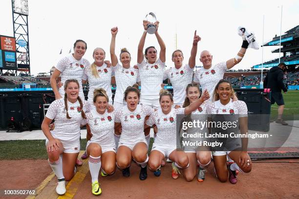 The England women's team pose with the trophy after wining the Challenge final against Japan during day two of the Rugby World Cup Sevens at AT&T...