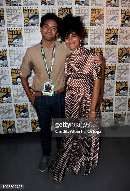 Karan Soni and Zazie Beetz attend the "Deadpool 2" panel during Comic-Con International 2018 at San Diego Convention Center on July 21, 2018 in San...
