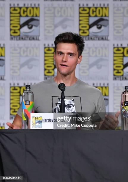 Hartley Sawyer speaks onstage at the"The Flash" Special Video Presentation and Q&A during Comic-Con International 2018 at San Diego Convention Center...