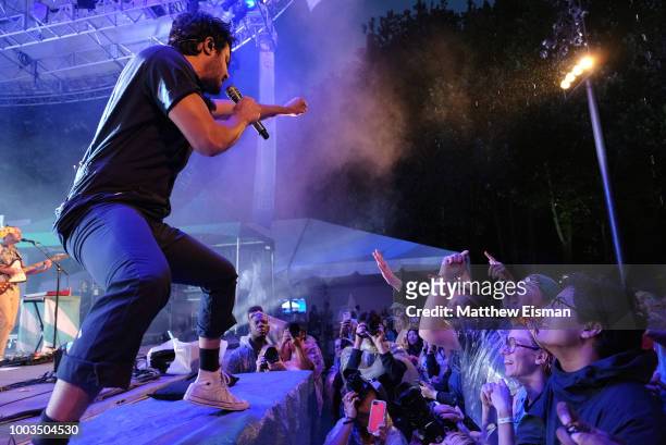 Sameer Gadhia, Jacob Tilley, Eric Cannata, Payam Doostzadeh and Francois Comtois of Young the Giant perform onstage during OZY FEST 2018 at Rumsey...
