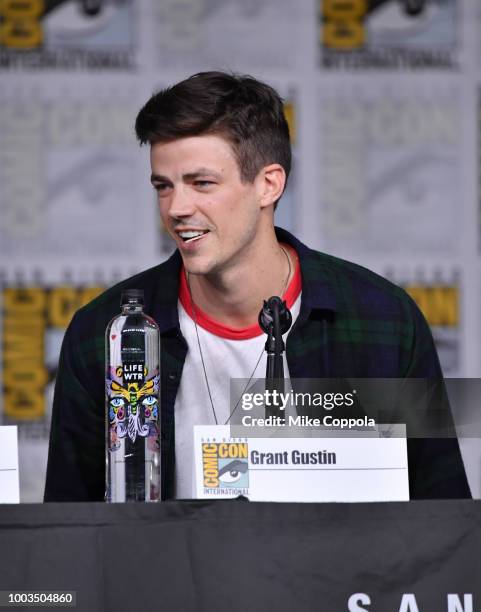 Grant Gustin speaks onstage at the"The Flash" Special Video Presentation and Q&A during Comic-Con International 2018 at San Diego Convention Center...