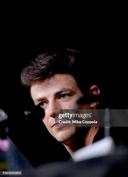 Grant Gustin speaks onstage at the"The Flash" Special Video Presentation and Q&A during Comic-Con International 2018 at San Diego Convention Center...