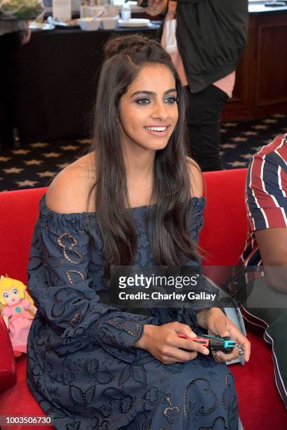Mandip Gill puts her gaming skills to the test playing Mario Kart 8 Deluxe on Nintendo Switch at the Variety Studio at Comic-Con 2018 on July 21,...