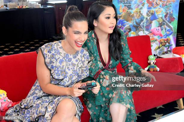 Maria Gabriela de Faria and Lana Condor put their gaming skills to the test playing Mario Kart 8 Deluxe on Nintendo Switch at the Variety Studio at...