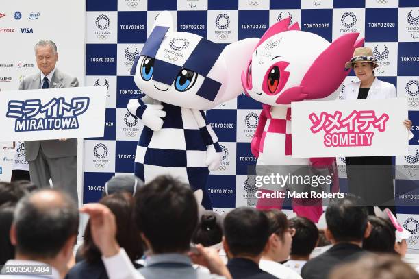 Tokyo 2020 mascots, Miraitowa and Someity make their first appearance with President of the Tokyo 2020 Organising Committee, Yoshiro Mori and The...