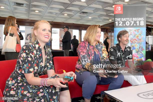 Janet Varney, Deborah Baker Jr. And Nate Mooney put their gaming skills to the test playing Mario Kart 8 Deluxe on Nintendo Switch at the Variety...