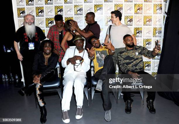 Ric Meyers, Denzel Whitaker, Kat Graham, Demetrius Shipp Jr., and Keean Johnson, Shameik Moore, Wesley Snipes, RZA, and Tyron Woodley pose at RZA:...