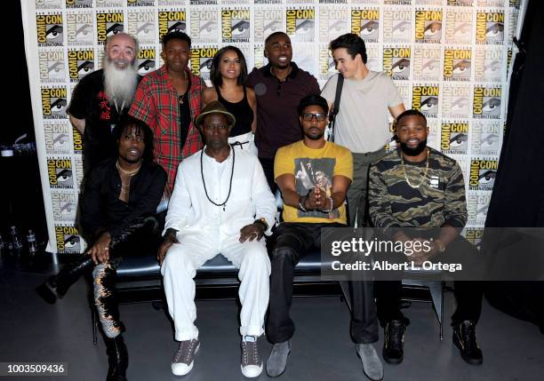 Ric Meyers, Denzel Whitaker, Kat Graham, Demetrius Shipp Jr., and Keean Johnson, Shameik Moore, Wesley Snipes, RZA, and Tyron Woodley pose at RZA:...