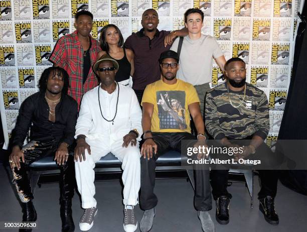 Denzel Whitaker, Kat Graham, Demetrius Shipp Jr., and Keean Johnson, Shameik Moore, Wesley Snipes, RZA, and Tyron Woodley pose at RZA: Movies, Music...