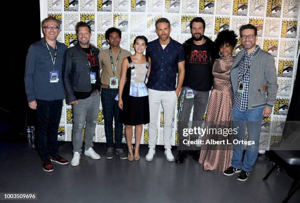 Paul Wernick, David Leitch, Karan Soni, Brianna Hildebrand, Ryan Reynolds, Stefan Kapicic, Zazie Beetz, and Rhett Reese pose at the "Deadpool 2"...