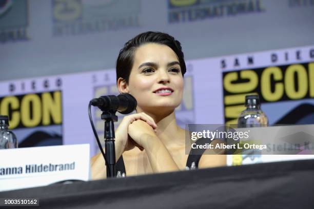 Brianna Hildebrand speaks onstage at the "Deadpool 2" panel during Comic-Con International 2018 at San Diego Convention Center on July 21, 2018 in...