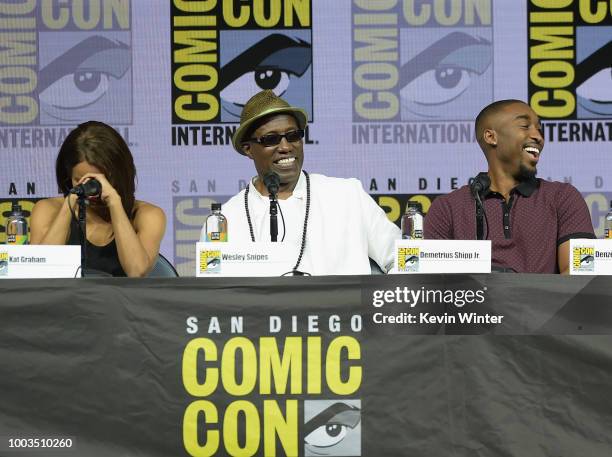 Kat Graham, Wesley Snipes and Demetrius Shipp Jr. Speak onstage at RZA: Movies, Music and Martial Arts during Comic-Con International 2018 at San...