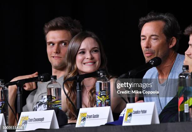 Hartley Sawyer, Danielle Panabaker and Tom Cavanagh speak onstage at the"The Flash" Special Video Presentation and Q&A during Comic-Con International...