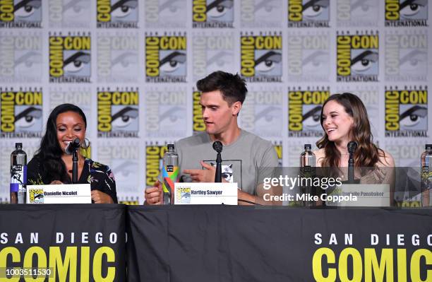 Danielle Nicolet, Hartley Sawyer and Danielle Panabaker speak onstage at the"The Flash" Special Video Presentation and Q&A during Comic-Con...