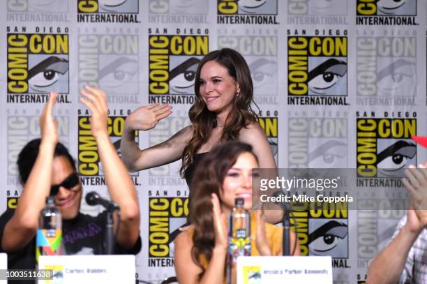 Danielle Panabaker speaks onstage at the"The Flash" Special Video Presentation and Q&A during Comic-Con International 2018 at San Diego Convention...