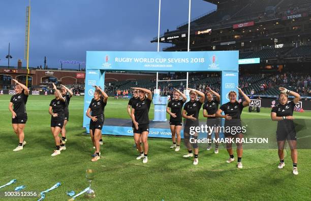 Members of the New Zealand women's rugby team do the Haka after winning the Championships Final against France at the Rugby Sevens World Cup in the...