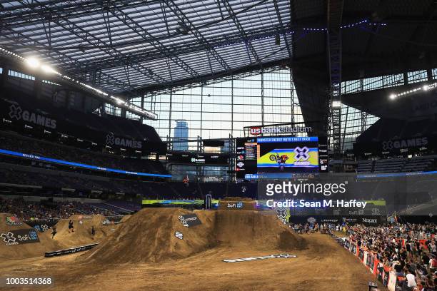 General view of the Moto X jumps during the ESPN X Games at U.S. Bank Stadium on July 21, 2018 in Minneapolis, Minnesota.