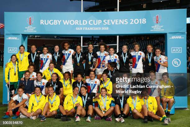 Team from New Zealand, France and Australia pose for photos after claiming Gold, Silver and Bronze respectively during day two of the Rugby World Cup...
