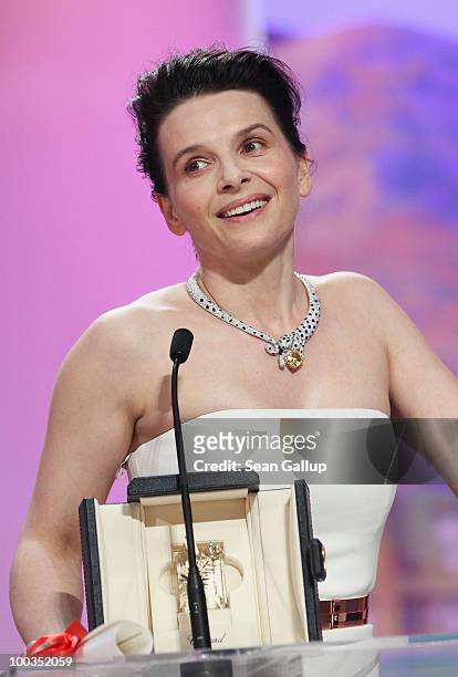 Actress Juliette Binoche speaks after winning the Best Actress award for her role in 'Certified Copy' during the Palme d'Or Award Ceremony held at...