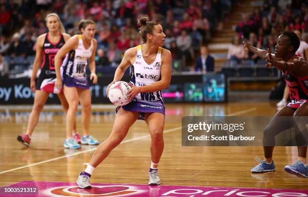 Kelsey Browne of the Lightning controls the ball during the Super Netball match between the Thunderbirds and the Lightning at Priceline Stadium on...