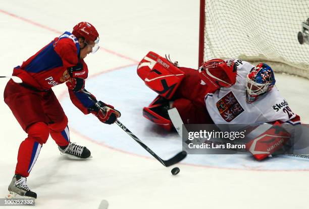 Goaltender Tomas Vokoun of Czech Republic saves a shoot of Maxim Afinogenov of Russia during the IIHF World Championship gold medal match between...