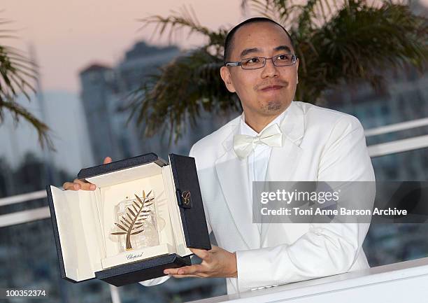 Winner of the Palme d'Or director Apichatpong Weerasethakul attends the Palme d'Or Award Ceremony Photo Call held at the Palais des Festivals during...