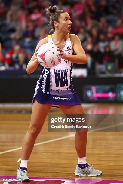 Kelsey Browne of the Lightning controls the ball during the Super Netball match between the Thunderbirds and the Lightning at Priceline Stadium on...