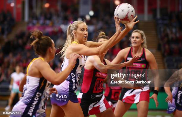 Cara Koenen of the Lightning controls the ball during the Super Netball match between the Thunderbirds and the Lightning at Priceline Stadium on July...