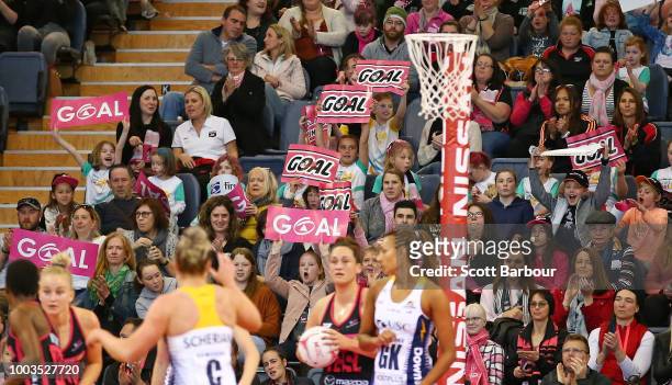 Thunderbirds fans in the crowd show their support during the Super Netball match between the Thunderbirds and the Lightning at Priceline Stadium on...