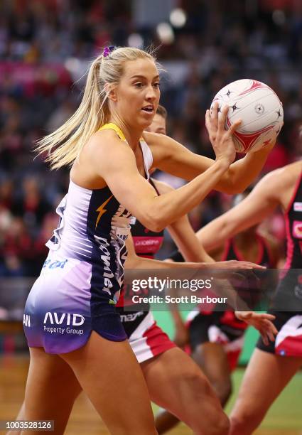 Cara Koenen of the Lightning controls the ball during the Super Netball match between the Thunderbirds and the Lightning at Priceline Stadium on July...