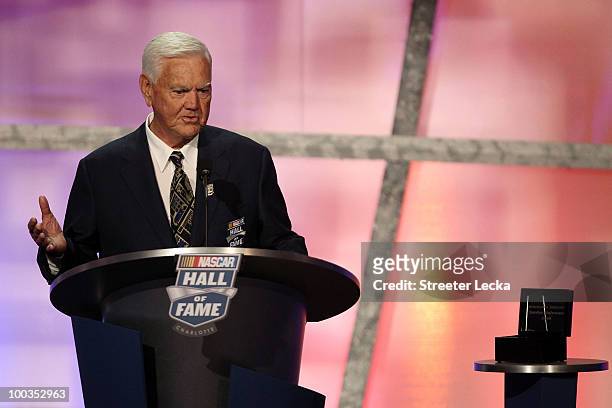 Hall of Fame inductee Junior Johnson speaks during the 2010 NASCAR Hall of Fame Induction Ceremony at the Charlotte Convention Center on May 23, 2010...
