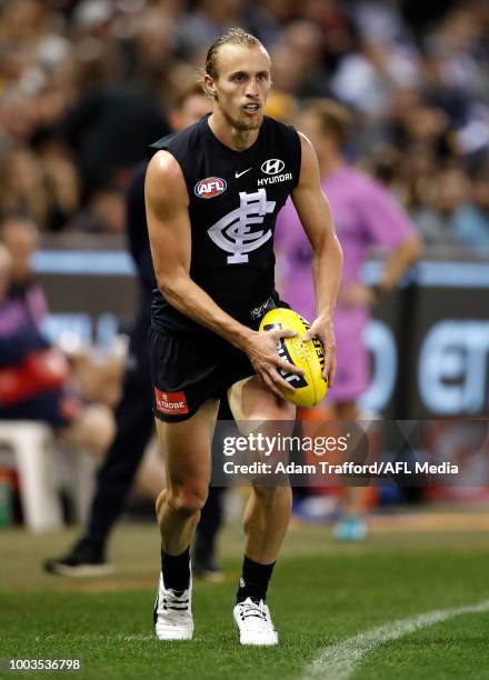 Matt Shaw of the Blues in action during the 2018 AFL round 18 match between the Carlton Blues and the Hawthorn Hawks at Etihad Stadium on July 22,...