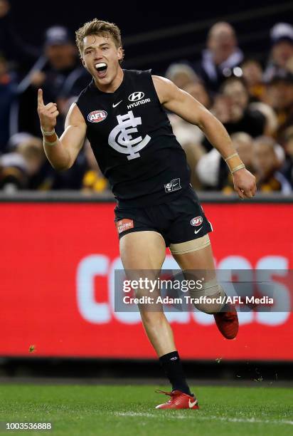 Patrick Cripps of the Blues celebrates a goal during the 2018 AFL round 18 match between the Carlton Blues and the Hawthorn Hawks at Etihad Stadium...