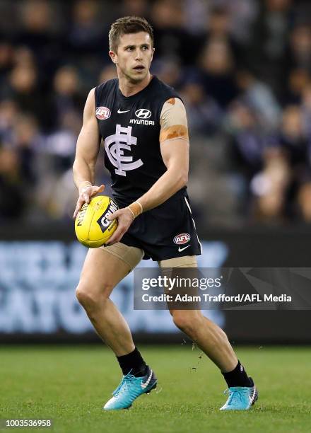 Marc Murphy of the Blues in action during the 2018 AFL round 18 match between the Carlton Blues and the Hawthorn Hawks at Etihad Stadium on July 22,...