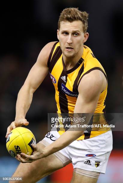 Jonathan O'Rourke of the Hawks in action during the 2018 AFL round 18 match between the Carlton Blues and the Hawthorn Hawks at Etihad Stadium on...