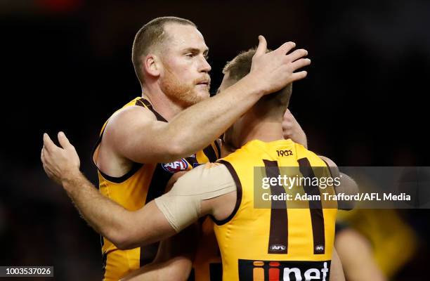 Jarryd Roughead of the Hawks celebrates with Brendan Whitecross of the Hawks during the 2018 AFL round 18 match between the Carlton Blues and the...