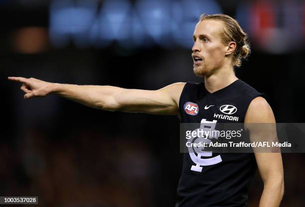 Matt Shaw of the Blues gestures during the 2018 AFL round 18 match between the Carlton Blues and the Hawthorn Hawks at Etihad Stadium on July 22,...