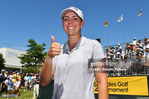 Kristen Gillman of the USA smiles after winning the Century 21 Ladies Golf Tournament at the Seta Golf Course West Course on July 22, 2018 in Otsu,...