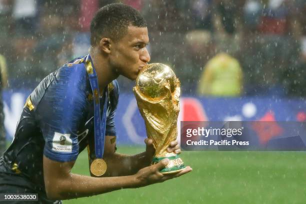 Kylian Mbappé of France celebrates the 2018 World Cup title after a 4-2 win against Croatia at Luzhniki Stadium in Moscow, Russia.