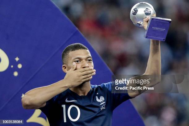 Kylian Mbappé of France wins second best world cup award the 2018 World Cup title after a 4-2 win against Croatia at Luzhniki Stadium in Moscow,...