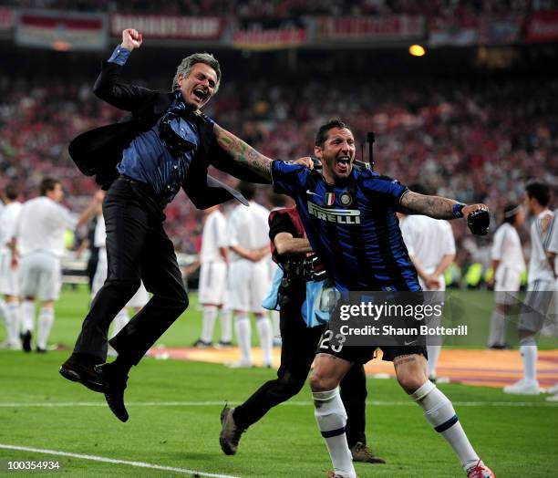 Head coach Jose Mourinho and Marco Materazzi of Inter Milan celebrate their team's victory at the end of the UEFA Champions League Final match...