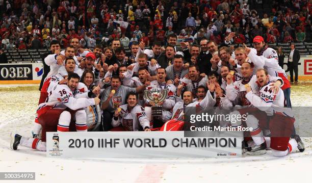 The team of Czech Republic celebrate after winning the IIHF World Championship gold medal match between Russia and Czech Republic at Lanxess Arena on...