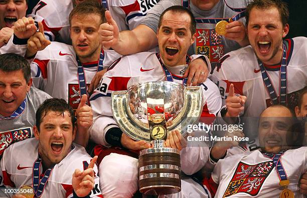 Tomas Rolinek of Czech Republic celebrates after winning the IIHF World Championship gold medal match between Russia and Czech Republic at Lanxess...