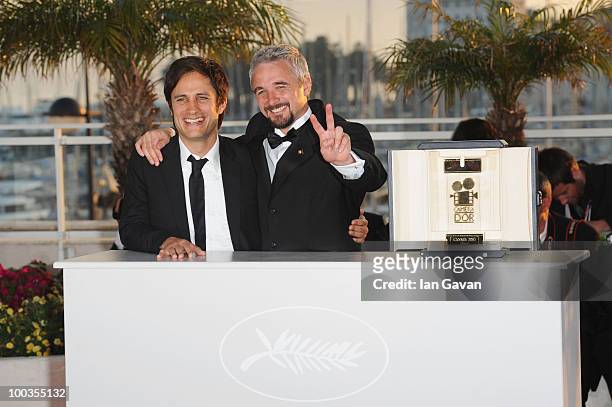 Camera D'Or Jury President Gael Garcia Bernal poses with Director Michael Rowe, winner of the Camera D'Or award for the film "Ano Bisiesto" during...