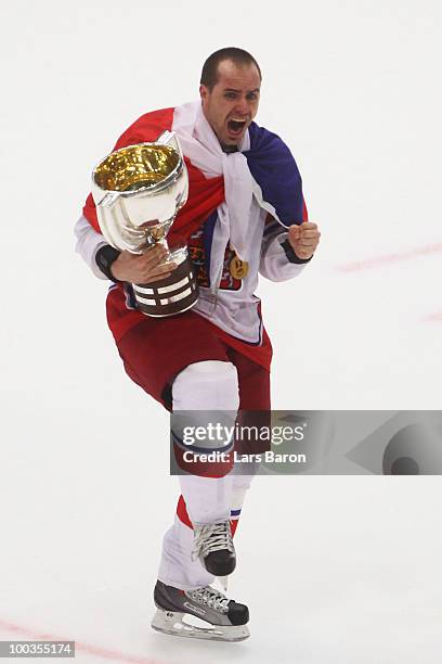 Tomas Rolinek of Czech Republic celebrates with the trophy after winning the IIHF World Championship gold medal match between Russia and Czech...