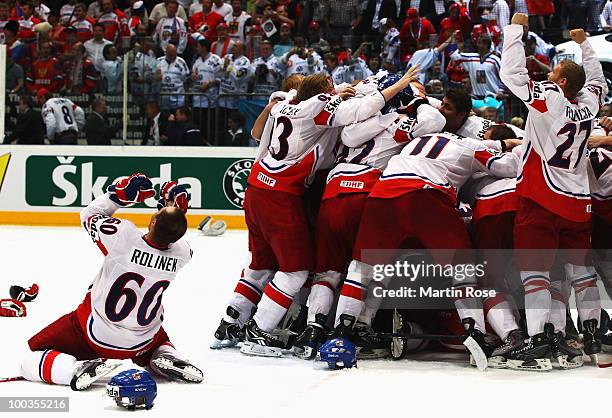 Tomas Rolinek of Czech Republic celebrates after winning the IIHF World Championship gold medal match between Russia and Czech Republic at Lanxess...