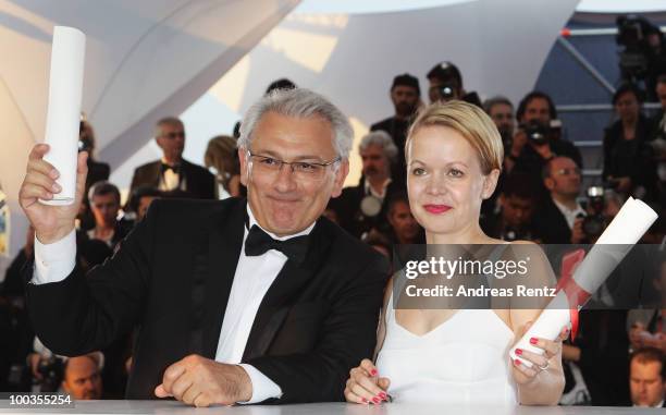 Serge Avedikian poses with his Short Film Palme d'Or Award for "Barking Island" and Frida Kempff poses with her award for Short Film Jury Prize for...