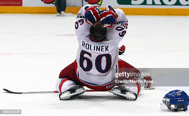 Tomas Rolinek of Czech Republic celebrates after winning the IIHF World Championship gold medal match between Russia and Czech Republic at Lanxess...